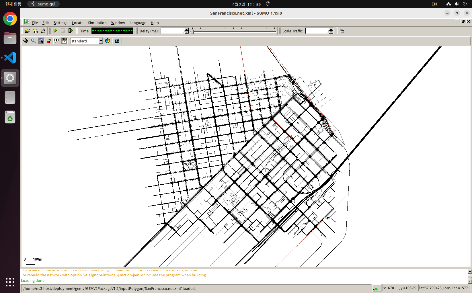 <b>[Fig. 3]</b> SUMO-gui를 통해 확인한 SanFrancisco.net.xml.